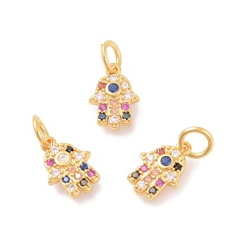 Brass Micro Pave Cubic Zirconia Charms, Hamsa Hand/Hand of Fatima/Hand of Miriam, Colorful, Golden, 13x9.5x2mm, Hole: 4mm