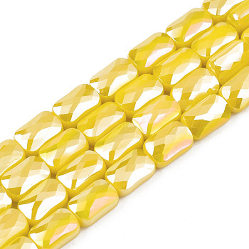 Electroplate Opaque Solid Color Glass Beads Strands, AB Color Plated, Faceted, Rectangle, Yellow, 7x4x3mm, Hole: 1mm, about 79~80pcs/strand, 20.47 inch(52cm)