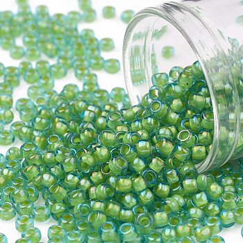 TOHO Round Seed Beads, Japanese Seed Beads, (307) Inside Color Aqua/Opaque Yellow Lined, 8/0, 3mm, Hole: 1mm, about 1110pcs/50g