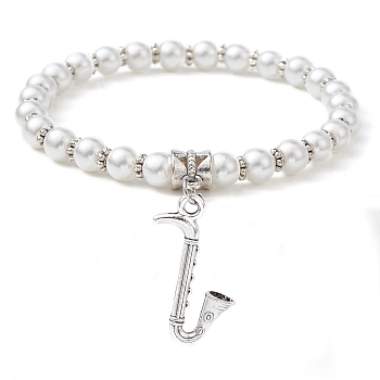 Glass Pearl Beaded Stretch Bracelets, with Alloy Charms, Musical Instruments, Inner Diameter: 2-1/2 inch(6.2cm), Pendant: 27x17mm