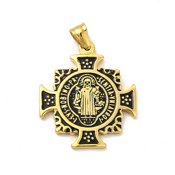 Ion Plating(IP) 304 Stainless Steel Religion Pendants, Saint Benedict of Nursia Maltese Cross Charms, with Black Enamel, Golden, 41x36x2.7mm, Hole: 7x5mm
