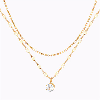 Stainless Steel Double Layer Necklace, with Cubic Zirconia Charms, Golden, 15.75 inch(40cm)