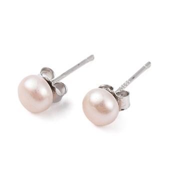 Natural Pearl Round Bead Stud Earrings, with Real Platinum Plated 925 Sterling Silver Findings, White, 15x5~6mm