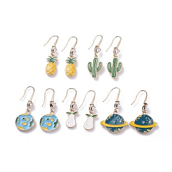 Alloy Enamel Dangle Earrings, with Brass Cubic Zirconia Earring Hooks, Mixed Shapes, Golden, Mixed Color, 45~52mm, Pin: 0.9mm