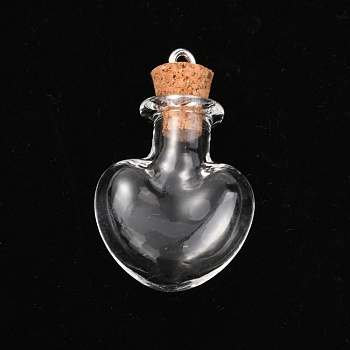 Glass Bottle Pendants, with Soft Wooden Plug, Openable Bottle, Refillable Bottles, Heart, Clear, 35.5mm, Hole: 2.5mm