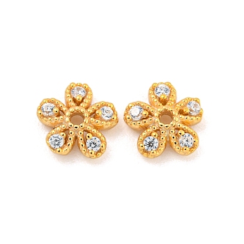 925 Sterling Silver Micro Pave Cubic Zirconia Bead Caps, 5-Petal, Flower, Real 18K Gold Plated, 6x6x2mm, Hole: 0.9mm