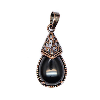 Retro Hollow Natural Obsidian  Pendants, Teardrop Pendants with Red Copper Metal Finding , 31x15mm