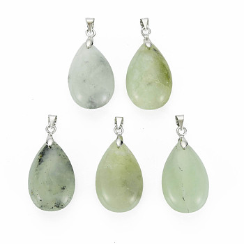 Natural New Jade Pendants, with Brass Findings, teardrop, 24~25x15~16x8~10mm, Hole: 5x4mm