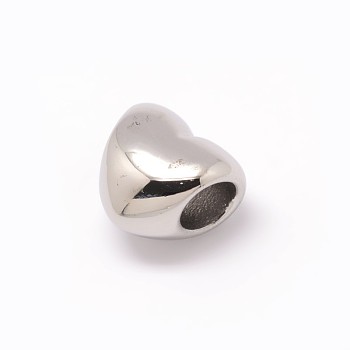 Heart 304 Stainless Steel European Large Hole Beads, Stainless Steel Color, 10x11.5x8mm, Hole: 5mm