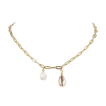 Natural Cultured Freshwater Pearl Necklaces, Ion Plating(IP) 304 Stainless Steel Cable Chains and Shell Beads, Oval, Real 18K Gold Plated, 16.14 inch(41cm)