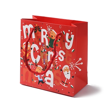 Christmas Santa Claus Print Paper Gift Bags with Nylon Cord Handle, Red, Rectangle, 14.9x13.9x0.5cm, Unfold: 13.9x7.1x14.9cm