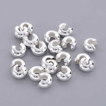 Brass Crimp Beads Covers, Round, Silver Color Plated, About 5mm In Diameter, 4mm Thick, Hole: 2mm