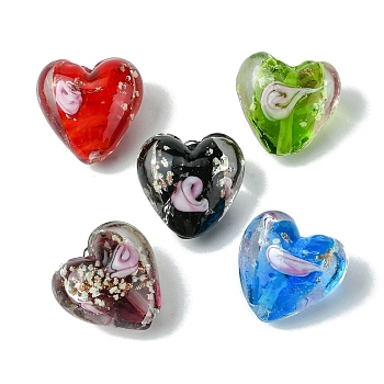 Luminous Handmade Gold Sand Lampwork Beads, Glow in the Dark, Heart, Mixed Color, 20.5x20.5x12mm, Hole: 1.6mm