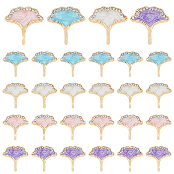 32Pcs 4 Colors Rack Plating Alloy Rhinestone Pendants, with Enamel, Nickel Free, Gingko Leaf Charms, Golden, Mixed Color, 16.5x16x4.5mm, Hole: 2.2mm, 8pcs/color