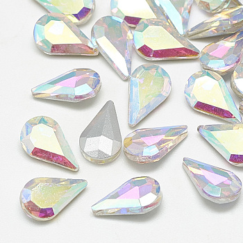 Pointed Back Glass Rhinestone Cabochons, Back Plated, Faceted, teardrop, Crystal AB, 8x5x3mm