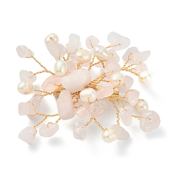 Natural Rose Quartz Chips & Pearl Beaded Flower Brooch Pin, Golden 304 Stainless Steel Wire Wrap Lapel Pin for Women, 45~55x55~60x10mm