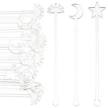 30Pcs 3 Style Transparent Acrylic Stirring Rods, Star & Moon & Sun, Clear, 150~151x21~24.5x3mm, 10pcs/style