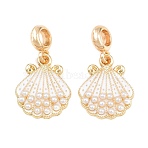 Alloy Enamel European Dangle Charms, Shell Shape Large Hole Pendants with ABS Imitation Pearl Beads, Rack Plating, Long-Lasting Plated, Golden, White, 30.5mm, Hole: 4.5mm(AL-CBAC2D3-03G-01)