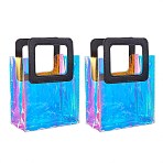 PVC Laser Transparent Bag, Tote Bag, with PU Leather Handles, for Gift or Present Packaging, Rectangle, Black, 10x7-1/8 inch(25.5x18cm), 2pcs/set(ABAG-SZ0001-04A-02)