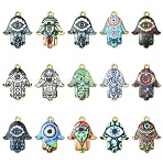 15Pcs 15 Colors Printed Alloy Pendants, Hamsa Hand Charms, Mixed Color, 23x18x2mm, Hole: 1.4mm, 1pc/color (ENAM-YW0006-44)