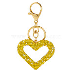 Handmade Polymer Clay Rhinestone Hollow Heart Keychains, with Iron Rings & Lobster Claw Clasps, Golden, Yellow, 108mm(KEYC-TAC00069-02)