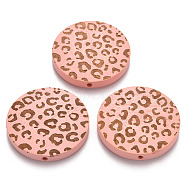 Painted Natural Wood Beads, Laser Engraved Pattern, Flat Round with Leopard Print, Pink, 30x5mm, Hole: 1.6mm(X-WOOD-N006-07F)
