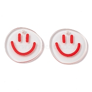 Transparent Printed Acrylic Pendants, Flat Round with Smiling Face Charm, Red, 20.5~21x20~21x2mm, Hole: 1.6mm(TACR-P005-01E)