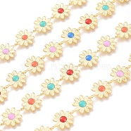 3.28 Feet Brass Enamel Flower Link Chains, Long-Lasting Plated, Unwelded, Colorful, Real 18K Gold Plated, Flower: 13.5x10x2.5mm(X-CHC-K009-22G)