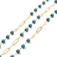 Handmade Brass Link Chains, with Round Beads, Long-Lasting Plated, Soldered, with Spool, Beads with Synthetic Turquoise, Golden, 9x3x0.5mm(CHC-M022-07G)