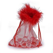 Organza Gift Bags, with Drawstring and Feather, Jewelry Pouches Bags, for Wedding Party Candy Mesh Bags, Rectangle, Red, 17.5x12.5x0.07cm(OP-F001-D-06)
