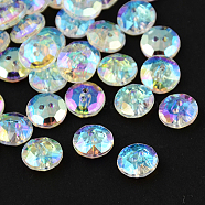 2-Hole Taiwan Acrylic Rhinestone Flat Round Buttons, Faceted, Clear, 10x4mm, Hole: 1mm(BUTT-F015-10mm-15)
