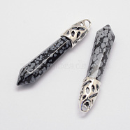 Natural Snowflake Obsidian Big Pointed Pendants, with Alloy Findings, Bullet, Platinum, 57~63x13x10mm, Hole: 3x4mm(G-D860-C10-P)