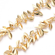 Handmade Brass Chains, Soldered, with Leaf Charms, Real 18K Gold Plated, 9x3.7x1.2mm(CHC-Q003-04G)