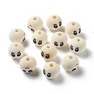Printed Wood European Beads, Large Hole Round Bead with Smiling Face Pattern, Undyed, Old Lace, 24.5~25x22.5~23mm, Hole: 5.7~6mm, about 103pcs/500g(WOOD-XCP0001-83)