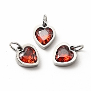 304 Stainless Steel Pendants, with Cubic Zirconia and Jump Rings, Single Stone Charms, Heart, Stainless Steel Color, FireBrick, 9x8x3mm, Hole: 3.6mm(STAS-D189-06P-07)