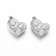 201 Stainless Steel Textured Pendants, Heart with Heart, Stainless Steel Color, 17.5x12x3mm, Hole: 1.5mm(STAS-O118-61P)