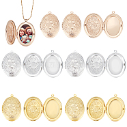 Elite 12Pcs 3 Colors Brass Locket Pendants, Photo Frame Charms, Oval with Flower Charm, Mixed Color, 33.5x24x7mm, Hole: 1.6mm, Inner Diameter: 23x16mm, 4pcs/color(FIND-PH0010-32)