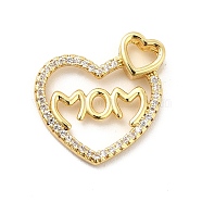 Rack Plating Brass Micro Pave Cubic Zirconia Pendants, Heart with Word MOM Charm for Mother's Day, Long-Lasting Plated, Cadmium Free & Lead Free, Real 18K Gold Plated, 16x15x3mm, Hole: 3x3.5mm(KK-K270-28G)