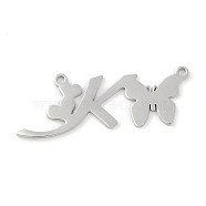 Non-Tarnish 304 Stainless Steel Pendants, Letter & Butterfly Charms, Letter K, 11.5x31x0.9mm, Hole: 1.2mm(STAS-L279-002P-K)