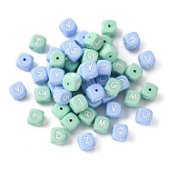 Silicone Beads for Bracelet or Necklace Making, Light Blue Cube with Word, Random Mixed Letters, 12x12x12mm, Hole: 3mm(SIL-TAC001-04-M)