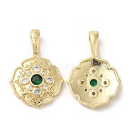 Brass Micro Pave Cubic Zirconia Pendants, with Glass, Lead Free & Cadmium Free, Flat Round, Real 18K Gold Plated, 32x21.5x4mm, Hole: 8X5mm(KK-M246-07G)