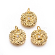Brass Rough Surface Charms, with Micro Pave Cubic Zirconia and Jump Rings, Flat Round with Evil Eye, Clear, Golden, 14.5x2mm, Hole: 3mm(KK-I656-05G)