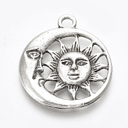 Tibetan Style Alloy Pendants, Flat Round with Sun and Moon, Lead Free & Cadmium Free, Antique Silver, 28.5x25x2.5mm, Hole: 2.5mm, about 157pcs/500g(TIBE-T010-06AS-RS)