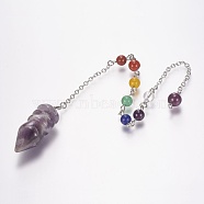 Natural Amethyst Chakra Pointed Dowsing Pendulums, with Brass Cross Chains, Bullet, Platinum, 36x14mm, Hole: 2mm, about: 11 inch(27.2cm)(G-E338-08E)