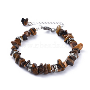Natural Tiger Eye Chip Bracelets, with Flat Round Tibetan Style Alloy Spacers Beads and Stainless Steel Findings, 7-1/4 inch~7-3/8 inch(18.4~18.8cm)(BJEW-JB04489-01)