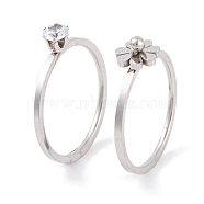 Flower 304 Stainless Steel Finger Ring Set for Women, with Cubic Zirconia, Stainless Steel Color, US Size 6~9(16.5~18.9mm), 2pcs/set(RJEW-C086-28-P)