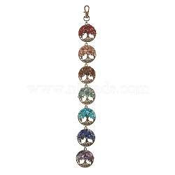 Tree of Life Alloy Pendant Decorations, with Chakra Natural Green Aventurine & Red Jasper & Tiger Eye & Amethyst & Carnelian & Lapis Lazuli & Synthetic Turquoise Chips, 310mm(HJEW-JM02152)