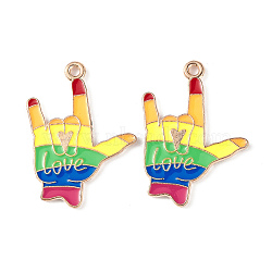 Rainbow Color Pride Alloy Enamel Pendants, Palm with Word Love Charm, Light Gold, Colorful, 28.7x19.6x1.5mm, Hole: 2mm(ENAM-K067-06)