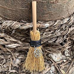 Halloween Theme Mini Witch Broom Party Decoration, with Alloy Charms, Decorative Props for Garden, Home, Star, 110mm(HAWE-PW0001-105B)