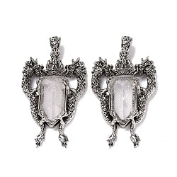 Natural Quartz Crystal Faceted Big Pendants, Dragon Charms, with Antique Silver Plated Alloy Findings, 52x33x8mm, Hole: 6x4mm(G-L524-04AS-10)